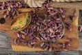 Fresh pistachios in copper bowl on wooden rustic background, wonderful peanut composition for healthy and dietary nutrition.