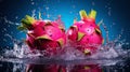 Fresh pitaya with water splashes on dark background. Generative AI