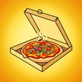 Fresh pizza in box pop art vector illustration