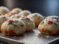 Fresh pizza dough balls resting on a tray for preparation. Royalty Free Stock Photo