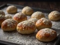 Fresh pizza dough balls resting on a tray for preparation. Royalty Free Stock Photo