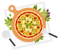 Fresh pizza Italian vector illustration in flat design. European snack. Top view meal.