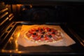 Fresh pizza on a metal baking tray Royalty Free Stock Photo