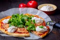 Pizza with tomatoes,corn lettuce and strachatella Royalty Free Stock Photo