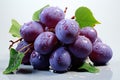 Fresh plum fruit with green leaf on white background