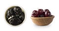 Fresh plums and dried prunes isolated on a white background. Prunes and fresh plum in a bowl on white background. Prunes and fresh Royalty Free Stock Photo