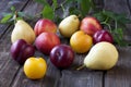 Fresh plums, pears and nectarines on old table Royalty Free Stock Photo