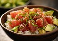 Fresh poke salad with fish,rice and avocado in bowl plate.Macro.AI Generative
