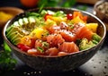 Fresh poke salad with fish,rice and avocado in bowl plate.Macro.AI Generative