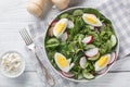 Fresh Polish spring salad from radish, cucumber, lettuce mix, spinach and eggs close-up in a plate on a wooden table closeup on