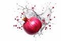 Fresh pomegranate and splashes of water on a white background. AI generative Royalty Free Stock Photo