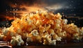 Fresh popcorn exploding in the heat, glowing yellow and delicious generated by AI