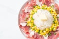 Fresh pork raw sliced with rice and corn on plate and ready to cook Royalty Free Stock Photo