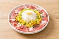 Fresh pork raw sliced with rice and corn on plate and ready to cook Royalty Free Stock Photo