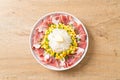 Fresh pork raw sliced with rice and corn on plate and ready to cook Royalty Free Stock Photo