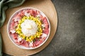 Fresh pork raw sliced with rice and corn on plate and ready to cook Royalty Free Stock Photo