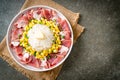 Fresh pork raw sliced with rice and corn on plate and ready to cook Royalty Free Stock Photo