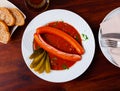 Fresh portion of Viennese goulash with two sausages