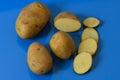 Potato cut slice pieces closeup shot on isolated blue background