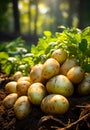 Fresh potatoes in the field. A large potato plant with many potatoes growing on the ground Royalty Free Stock Photo