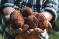 Fresh potatoes harvest very old woman's hands. Royalty Free Stock Photo