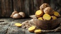 Fresh potatoes in a wooden bowl Royalty Free Stock Photo