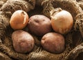 Fresh potatos and onion in burlap sack bag Royalty Free Stock Photo