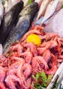 Fresh prawns at the fishmonger stall Royalty Free Stock Photo
