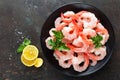 Fresh prawns. Raw shrimps, prawns. Seafood. Top view Royalty Free Stock Photo