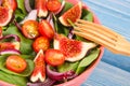 Fresh fruit and vegetable salad with wooden fork, healthy lifestyle and nutrition concept Royalty Free Stock Photo