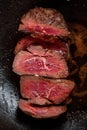 Fresh lamb meat being fried in the pan, medium rare tasty