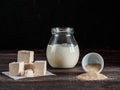 Fresh pressed yeast, dry instant yeast and active wheat sourdough starter on wooden table Royalty Free Stock Photo