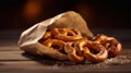 fresh pretzels with sea salt in a paper bag on top an old wooden table Royalty Free Stock Photo