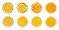 Fresh and processed oranges, in white bowls Royalty Free Stock Photo