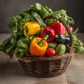 Fresh Produce Market Basket with leafy greens, bell peppers Royalty Free Stock Photo