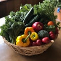 Fresh Produce Market Basket with leafy greens, bell peppers Royalty Free Stock Photo