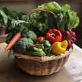 Fresh Produce Market Basket with leafy greens, bell peppers Royalty Free Stock Photo
