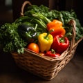 Fresh Produce Market Basket with leafy greens, bell peppers Royalty Free Stock Photo