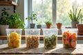 Fresh produce and pickles in plastic containers on sunny kitchen counter Royalty Free Stock Photo