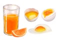 Fresh products for Breakfast: eggs, a glass of orange juice. Hand drawn watercolor illustration isolated on white Royalty Free Stock Photo