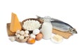 Fresh products rich in vitamin D on background