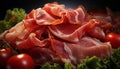 Fresh prosciutto slice on rustic wood table with salad and bread generated by AI Royalty Free Stock Photo