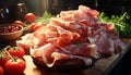 Fresh prosciutto slice on wooden table, ready to eat gourmet appetizer generative AI