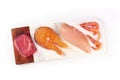 Fresh proteins. Raw beef meat, salmon fish, chicken breast, and shrimps Royalty Free Stock Photo