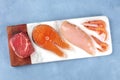 Fresh proteins. Raw meat, fish, chicken breast, and shrimps, shot from the top Royalty Free Stock Photo