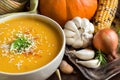 Fresh pumpkin soup with a spoon and vegetables Royalty Free Stock Photo