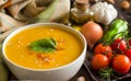 Fresh pumpkin soup with a spoon and vegetables Royalty Free Stock Photo