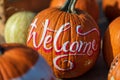 Fresh pumpkin with Welcome inscription