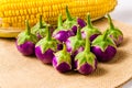 Fresh purple eggplant and corn on sack bag background Royalty Free Stock Photo