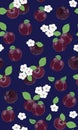 Fresh purple plum seamless pattern with white cherry blossom on blue background